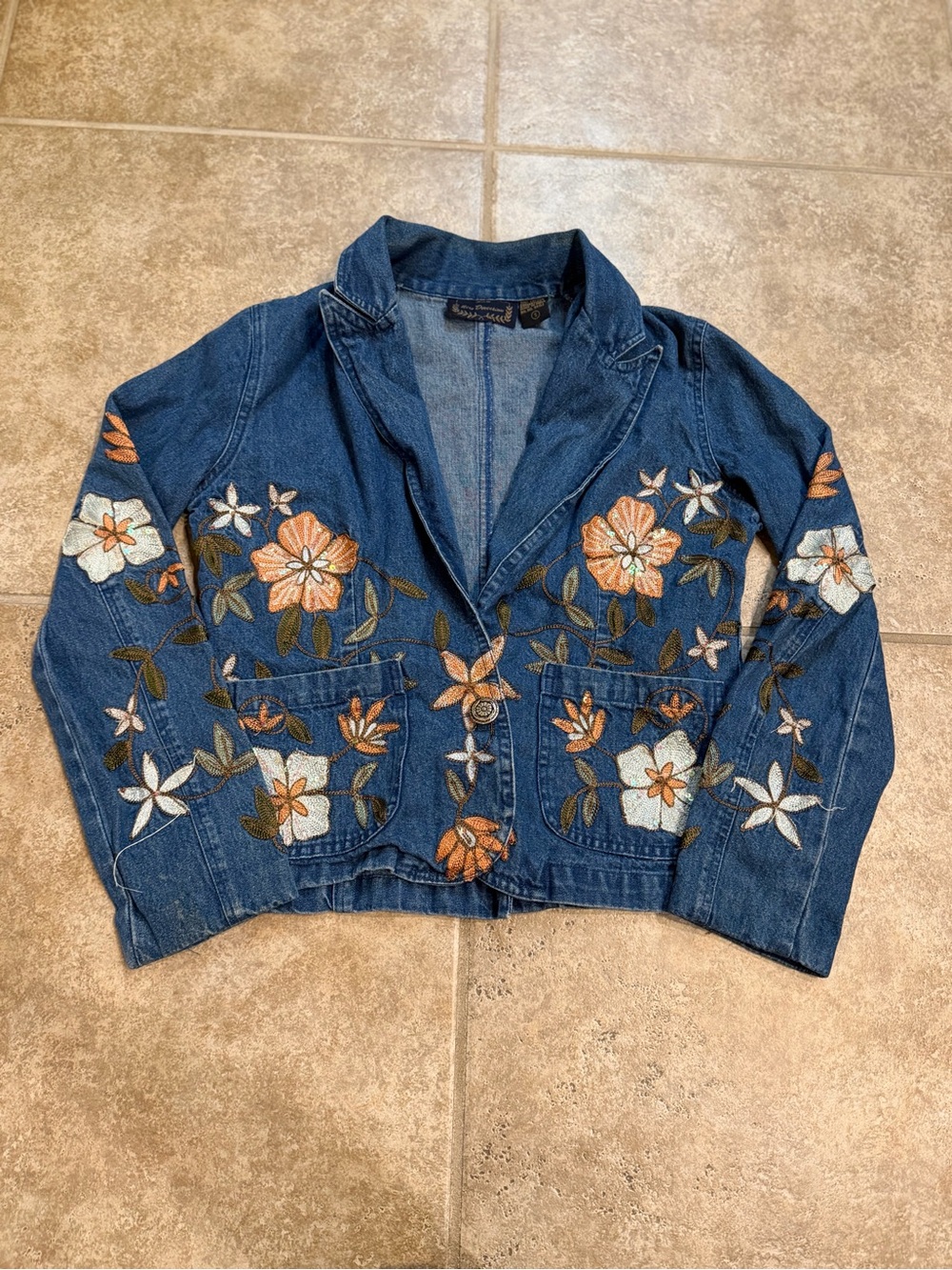 New Directions Y2K Floral Embroidered Denim Blazer Jacket Small